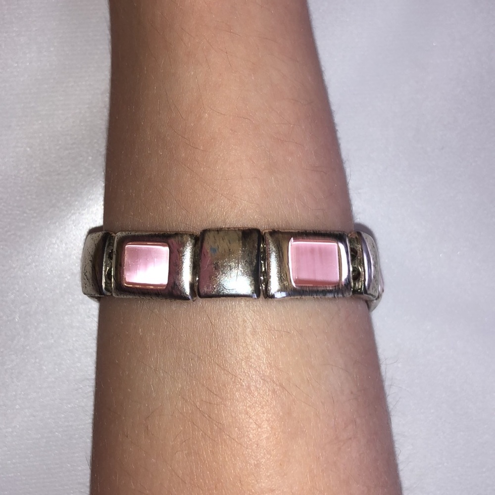 Metal bracelet, pink, and silver
